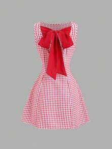Sweetra Đầm mini nữ mùa Xuân/Hè mới, phong cách đường phố retro, gợi cảm, ôm dáng, thanh lịch, đa năng, thoải mái, có nơ và kẻ caro, thích hợp cho kỳ nghỉ. - Đỏ - Xem 1