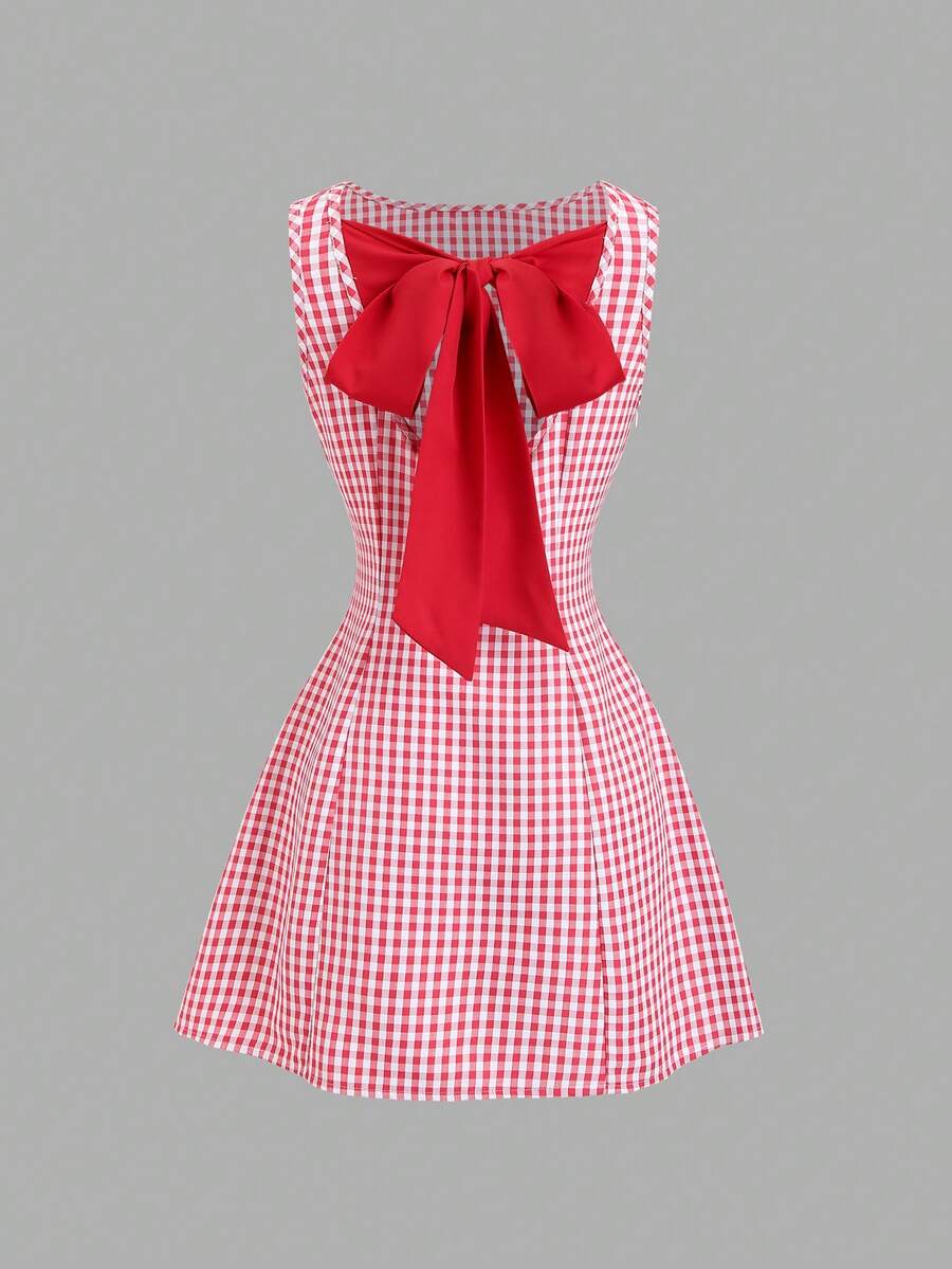 Sweetra Đầm mini nữ mùa Xuân/Hè mới, phong cách đường phố retro, gợi cảm, ôm dáng, thanh lịch, đa năng, thoải mái, có nơ và kẻ caro, thích hợp cho kỳ nghỉ. - Đỏ - Xem 1