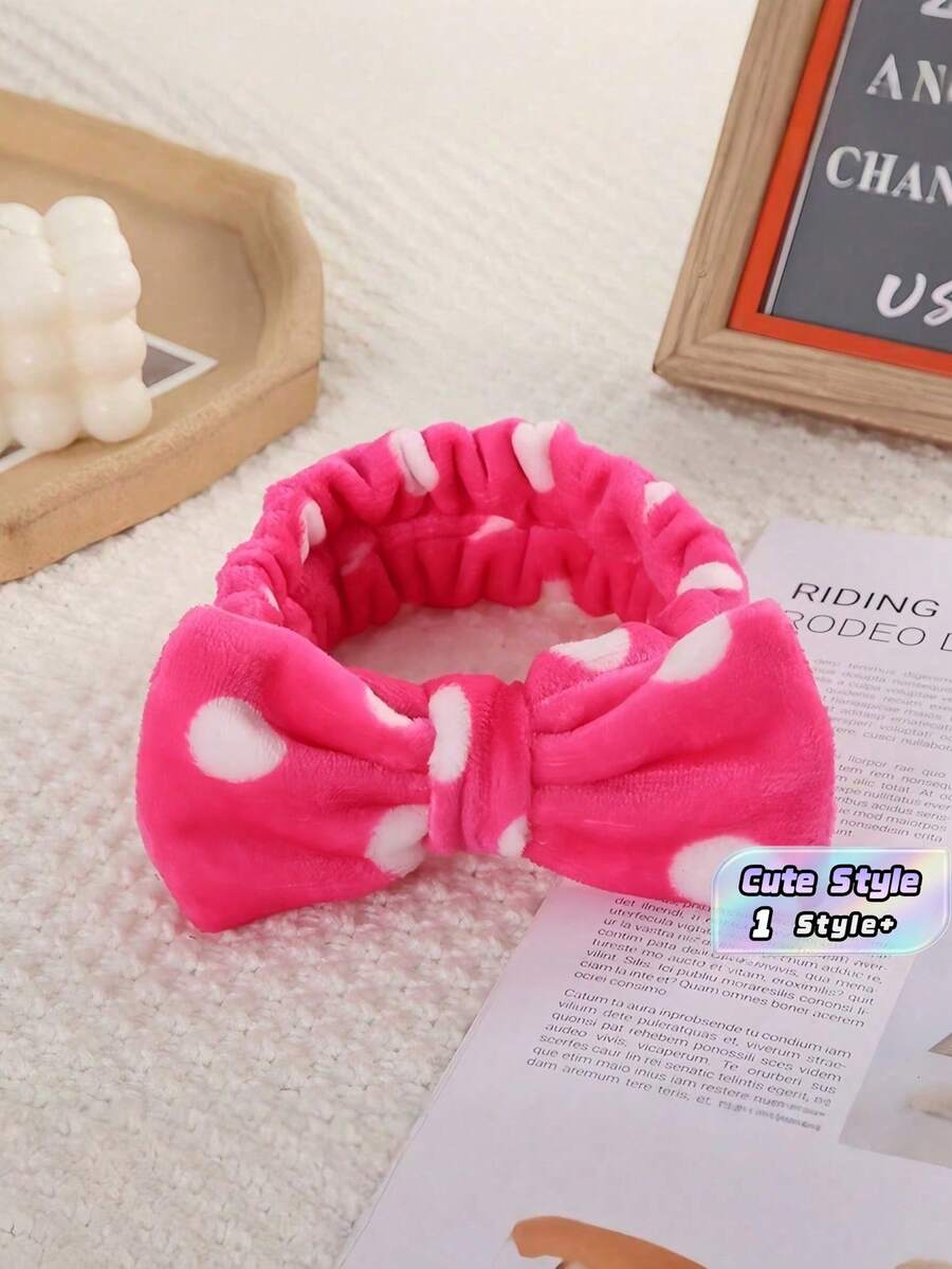 1PC Coral Velvet Bow Headband Cute Leopard Print For Skincare Makeup Soft Face Wash Headband For Home Spa Travel - Pink polka dot - View 1