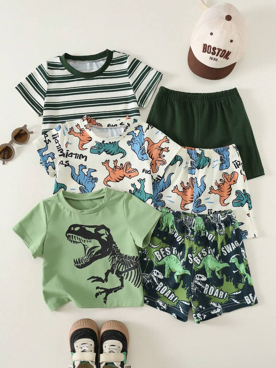 SHEIN Bộ 3 món đồ chơi cho bé trai/bé gái, gồm áo thun ngắn tay và quần short in hình khủng long dễ thương, thích hợp mặc mùa hè. - màu xanh lá - Xem 1
