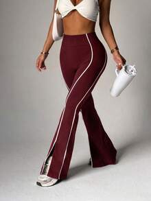 Dewbera Dewbera Pantalones deportivos sin costuras de color contrastante para mujer - Burdeos - Ver 5