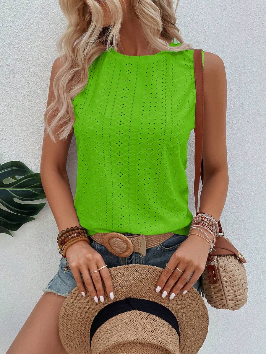 Calvaya Áo tank top cổ tròn không tay màu trơn, chất liệu vải satin, dáng rộng, thích hợp mặc mùa hè. - màu xanh lá - Xem 1