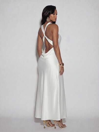 Normani Women's Sexy Plunging Neck Backless Dress, Summer/Quiet Luxe/Goldenelegance/Seksi Chic/Gown Gala Night/Backless Dear/New 2026/Officeelegance/White Backless Dress/Maxi White Dress/White Long Dress/Beach White Dress/Greek Goddess Dress/Open Back Dresses/Backless Dress/Draped Neck Dress