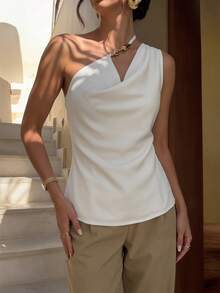 Firerie Solid Color Elegant Asymmetric Neckline Design Sleeveless Top White One Sided Top For Women,Summer Top - White - View 4