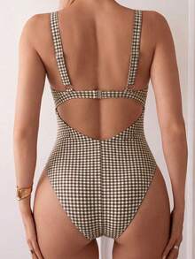 Traje de baño de una pieza con corte y nudo a cuadros para mujer, Primavera/Verano 2026 - Multicolor - Ver 2