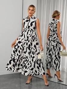 SHEIN Đầm bầu không tay in hình cây cỏ - Đen và trắng - Xem 1