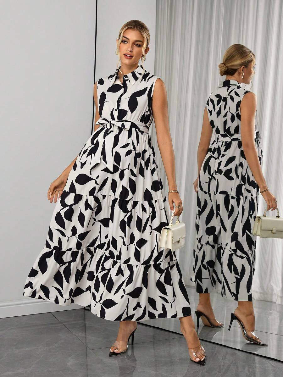 SHEIN Đầm bầu không tay in hình cây cỏ - Đen và trắng - Xem 1