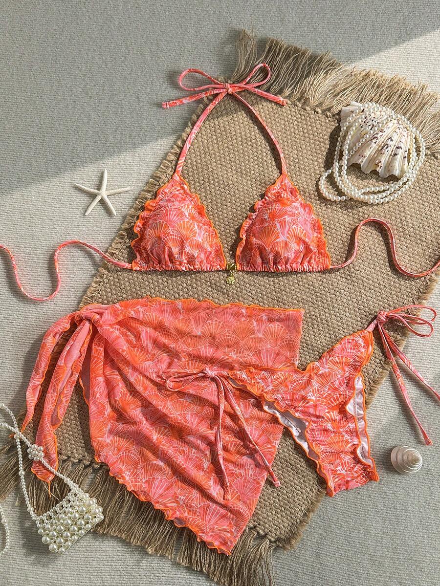Swim Mod 泳装三件套,纯色花卉纹理面料,珍珠贝壳装饰荷叶边挂脖文胸上衣,侧系带泳裤和迷你裙性感比基尼泳装套装,春夏款 - 彩色 - 查看 1
