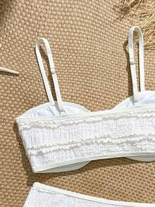 SHEIN Bộ bikini dệt kim jacquard màu mơ dành cho thiếu nữ, áo yếm có đai eo và quần tam giác, đồ bơi thời trang, thanh lịch, phù hợp cho bơi lội, kỳ nghỉ hè, bãi biển, hồ bơi, tiệc tùng. - Màu be - Xem 4