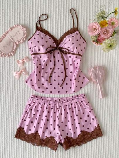 Comfortcana Women's Summer Casual Lace Trim Polka Dot Print Camisole And Shorts 2 Pieces Set