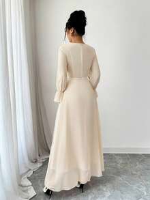 Modelyn Mesh Embroidered Chiffon Patchwork Long Sleeve Dress For Women - Apricot - View 5