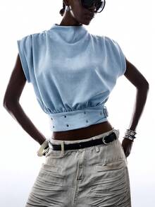 LYSMO Áo croptop nữ mùa hè năng động, thời trang đường phố, cổ đổ, tay cánh dơi xếp ly, thắt lưng cài khuy. - Bạc - Xem 1