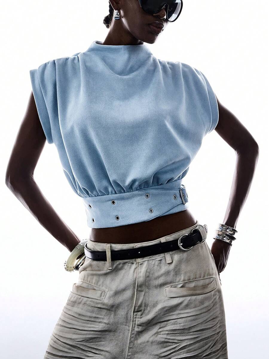 LYSMO Áo croptop nữ mùa hè năng động, thời trang đường phố, cổ đổ, tay cánh dơi xếp ly, thắt lưng cài khuy. - Bạc - Xem 1