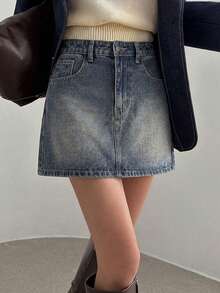 Dazy-Less Chân váy denim nữ đa năng, thoải mái, phù hợp đi làm hàng ngày, có túi. - Màu xanh lam - Xem 3