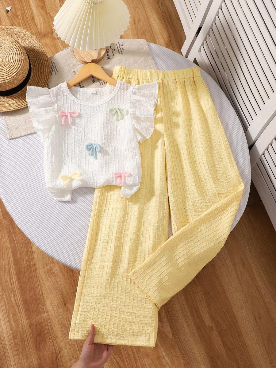 SHEIN 2件套女童休闲T恤套装,纯色喇叭袖纹理彩色纱线蝴蝶结上衣搭配阔腿裤,适合日常外出或海滩旅行。 - 黃色 - 查看 1