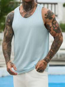 VENTUSAIL Men's Fashionable Versatile Vertical Striped Crew Neck Tank Top, Minimalist Daily Wear - Baby Blue - View 3