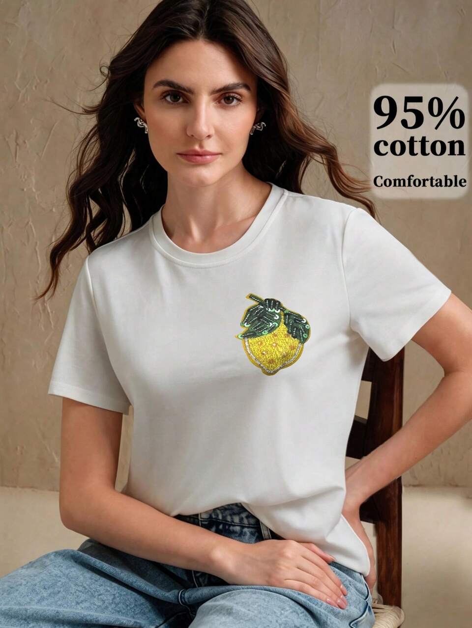 Anewsta Women's Round Neck Lemon Embroidery Casual Basic Versatile Daily Wear Golf Short Sleeve T-Shirt White Summer