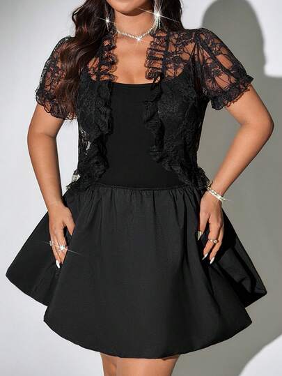 Viva Relle Plus Size Summer Lace Cropped Cardigan, Short Sleeve Hollow Out Versatile Jacket