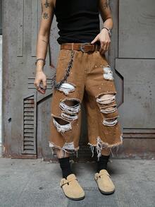 Manfinity EMRG Quần jeans nam cỡ lớn, ống rộng, dáng suông, rách gấu, có túi, kiểu dáng quần jeans rách. - Cà phê nâu - Xem 6