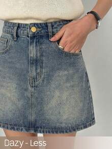 Dazy-Less Chân váy denim nữ đa năng, thoải mái, phù hợp đi làm hàng ngày, có túi. - Màu xanh lam - Xem 1