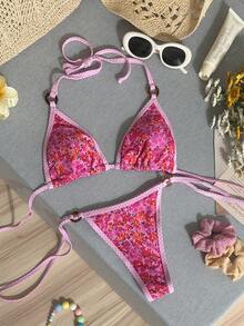 SHEIN Swim Vcay 女士夏季沙滩度假碎花系带露背泳衣两件套 - 彩色 - 查看 3