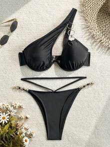 SHEIN Swim SXY Summer Beach Women's Solid Color Hollow Out Chain Decor Bikini Set - Black - View 2