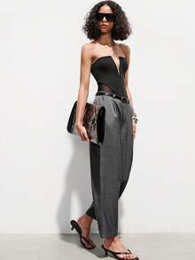 Lumivelle Áo liền thân nữ màu đen không dây, cổ chữ V, phối lưới, kiểu dáng thời trang. - màu đen - Xem 2