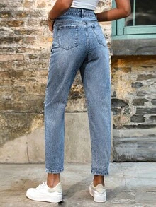 SHEIN Tall Quần jeans nữ ống côn, quần denim phong cách vintage thường ngày. - Rửa nhẹ - Xem 2