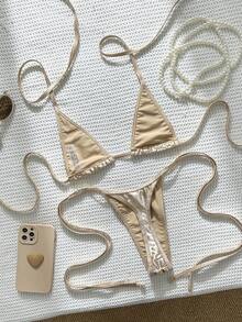 Swim Vcay Bộ bikini hai mảnh kiểu yếm buộc dây hai bên, chất liệu vải mềm mại, gợi cảm, thích hợp cho bãi biển và kỳ nghỉ, mùa xuân/hè. - Rượu sâm banh - Xem 2