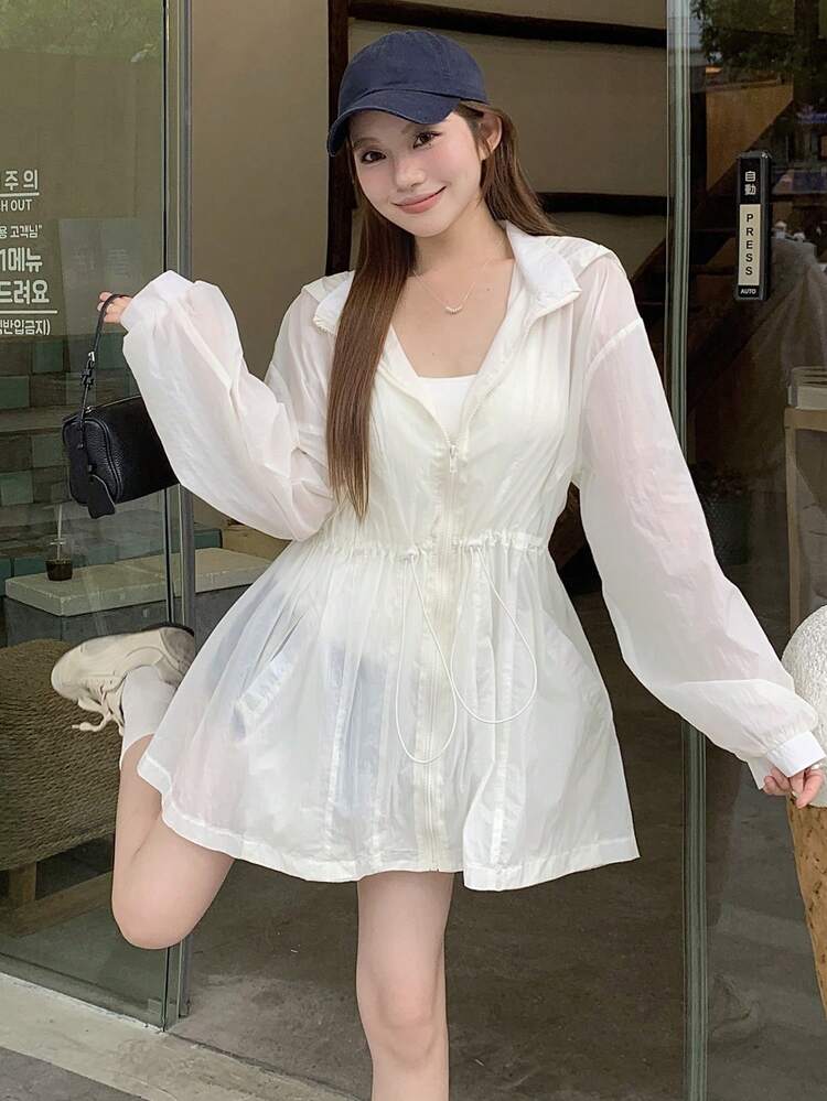 Women's Solid Color Dropped Shoulder Long Sleeve Cinched Waist Sun Protection Jacket