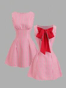 Sweetra Đầm mini nữ mùa Xuân/Hè mới, phong cách đường phố retro, gợi cảm, ôm dáng, thanh lịch, đa năng, thoải mái, có nơ và kẻ caro, thích hợp cho kỳ nghỉ. - Đỏ - Xem 3
