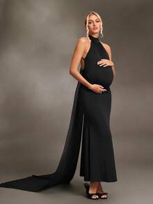 Cheriluna Maternity Đầm bầu, đầm ôm sát gợi cảm hở lưng cổ yếm dài thướt tha, đầm chụp ảnh bầu. - màu đen - Xem 8