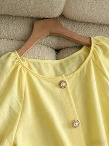 GlowEve Women's Solid Color Round Neck Pleated Top And Pants Casual 2 Pieces Set - Yellow - View 4