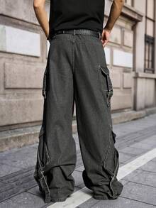 Manfinity EMRG Men's Denim Wide Leg Cargo Pants - Black - View 2