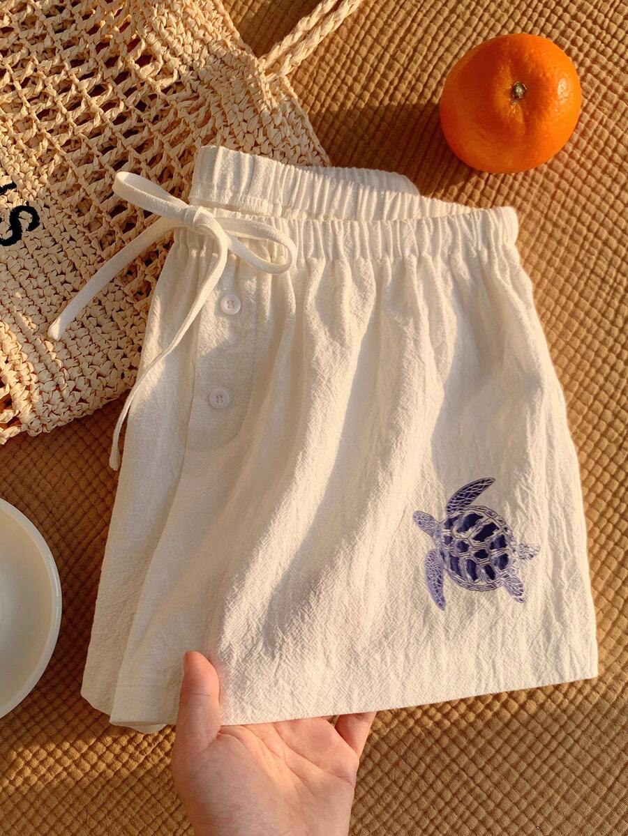 SHEIN Comfortcana 女士多功能纹理海龟印花系带腰带休闲短裤 - 白色 - 查看 1