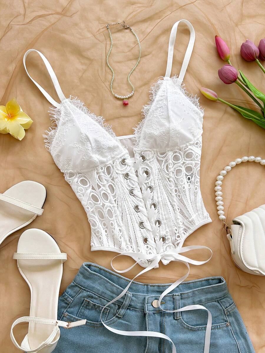Soleia Women's Fashion Lace Patchwork Hollow Out Drawstring Camisole No Chest Padding - White - View 1