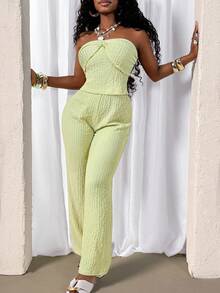 Glyssa 纹理面料露脐上衣和高腰直筒裤套装，性感休闲街头风度假派对女装 - 綠色 - 查看 4