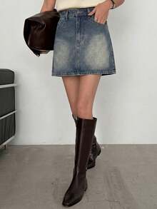 Dazy-Less Chân váy denim nữ đa năng, thoải mái, phù hợp đi làm hàng ngày, có túi. - Màu xanh lam - Xem 4