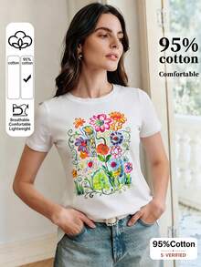 Women's Floral Print Casual Versatile Daily Wear Short Sleeve T-Shirt - White - View 3