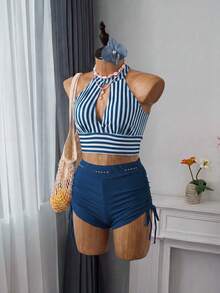 SHEIN Swim Basics 條紋圖案鏤空側抽繩比基尼泳裝 - 彩色 - 查看 5