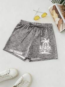 EMERY ROSE Short à taille nouée avec imprimé lettres et palmiers pour femmes - Gris - Voir 3