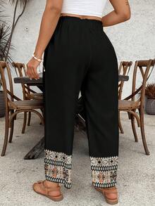 SHEIN VCAY Plus Size Women Patchwork Color Casual Versatile Daily Wear Pants Boho Pants For Women Summer Clothes Boho Style Vacation - Black - View 3