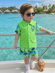 SHEIN Playful Pals 2件套幼儿男童度假绿色热带植物图案短袖衬衫+松紧腰短裤套装，童装。幼儿服装，幼儿衬衫，幼儿短裤，婴儿套装，6个月-3岁 - 彩色 - 查看 10