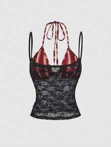 Sweetra New Design Vintage Striped Fitted Sleeveless Sexy Asymmetrical 2 In 1 Camisole For Women, Spring/Summer - Black - View 3