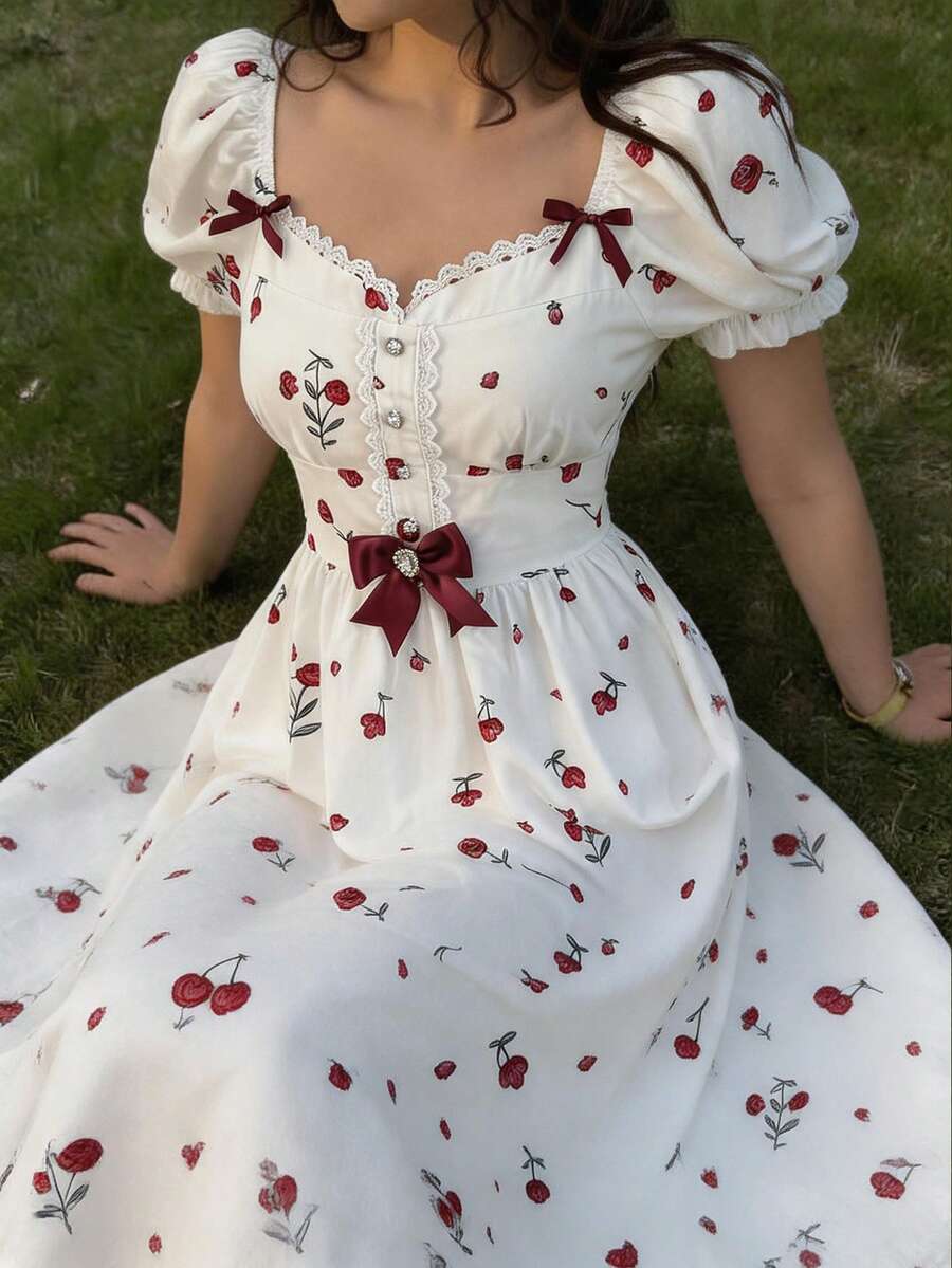 Feyla 女士碎花甜心领短袖蝴蝶结装饰优雅中长连衣裙