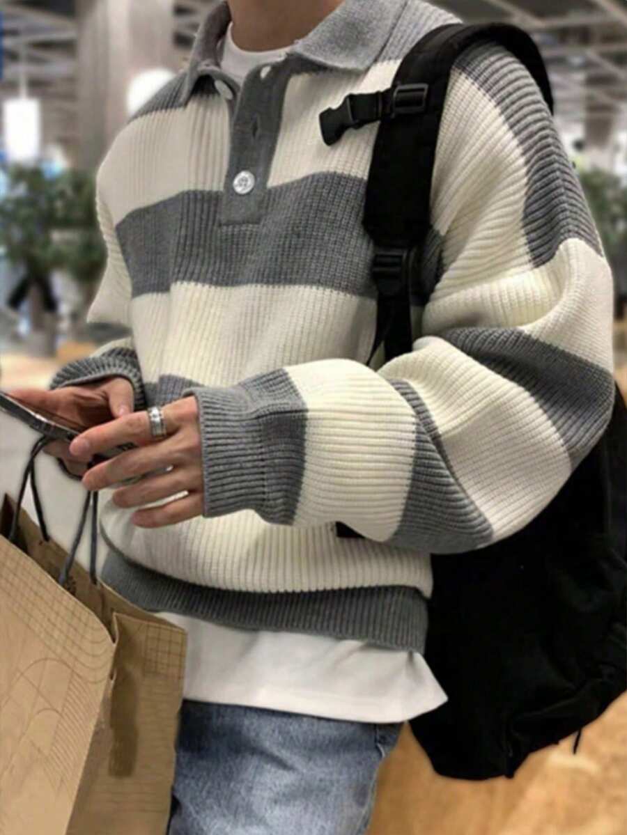 Claim Dot 男士前排扣长袖条纹简约休闲拼色都市毛衣，适合朋友 - 淺灰色 - 查看 1