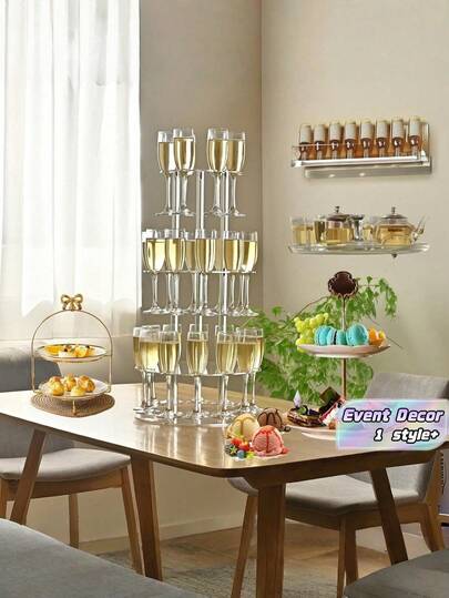 1 Giá trưng bày tháp rượu sâm panh 3 tầng hình chữ nhật trong suốt bằng acrylic với 32 khe cắm, giá đỡ nổi có thể căn chỉnh, thích hợp trang trí tiệc cưới, trường học, sự kiện.
