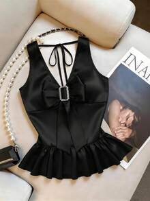 Women's Fashionable Versatile Metal Buckle Bow Ruffle Hem Camisole - Black - View 1