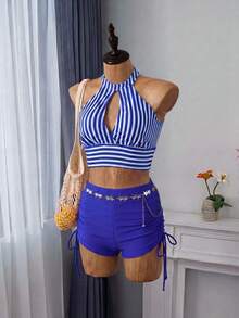 Swim Basics Striped Bikini Swimsuit With Side Drawstring Opening - Blue and White - View 4