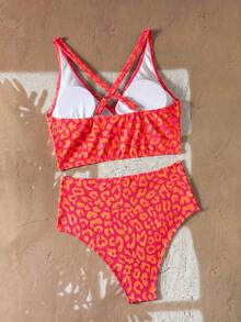 SHEIN Swim Basics 2025 Women's Summer Beach Vacation Leopard Print V-Neck Tankini Bikini Set - Multicolor - View 4